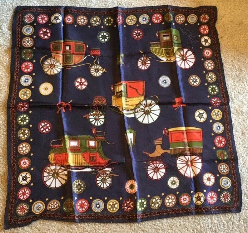 Vintage Lilly D/'or Scarf 26 x 26 Carriages wheels Silk