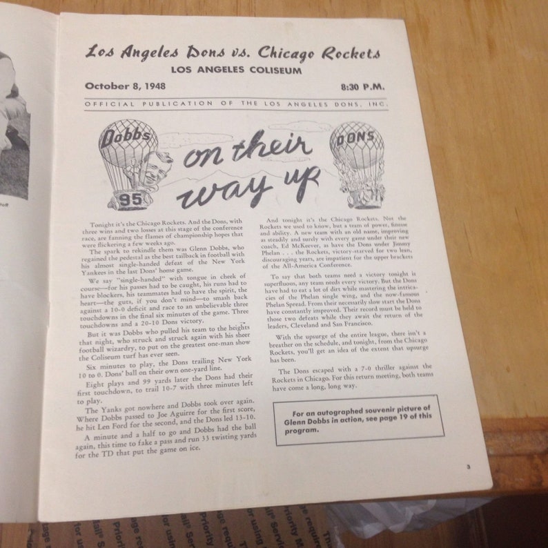 Los Angeles Dons vs.Chicago Rockets Football Program,Oct 8 1948