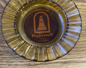 Vintage Ashtray THE PEPPERMILL Mesquite Reno Las Vegas 4-1/2" Amber glass