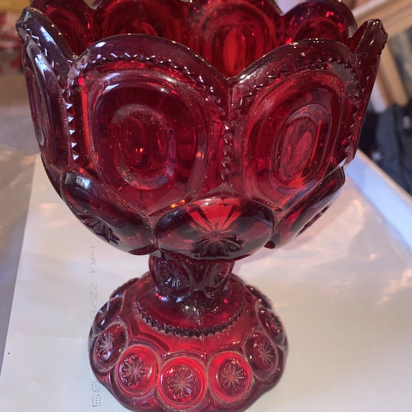 Vintage Fenton LG Wright Moon & Stars Ruby Red Pedestal Candy Dish bowl goblet,  5-1/2" Tall  4-1/2" Wide