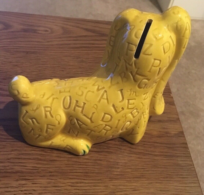 Yellow wGreen Alphabet Dog Made in Japan Vintage Vintage Ceramic Coin Bank