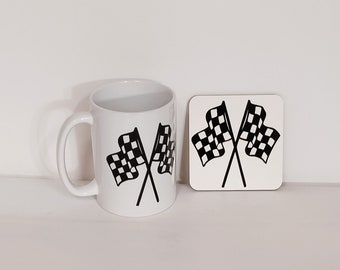 Racing Coffee Mug and Coaster, Checkered flag Gift Set Coffee Cup 15 oz Coffee Cup NASCAR Gift for Race Fan. Sports Gift
