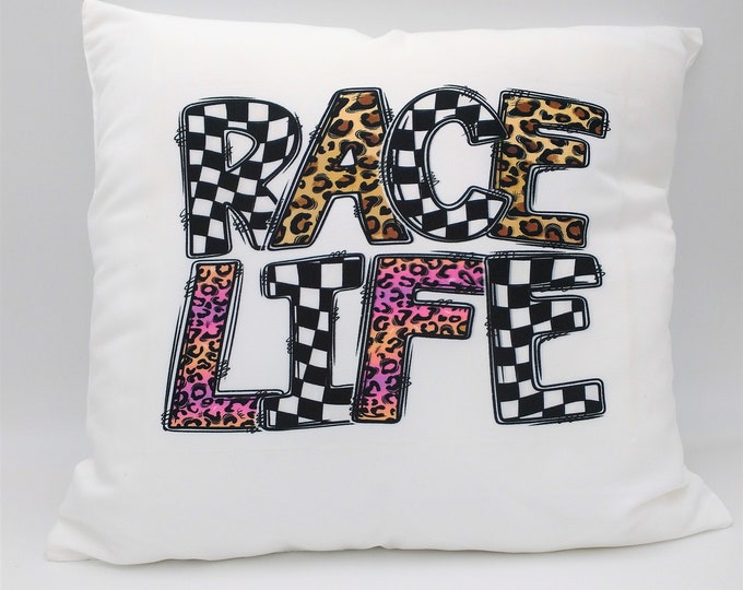 Featured listing image: Race Life Throw Pillow - 15 x 15 - Cover Only OR Cover with Insert - Decorative throw pillow - Soft polyester