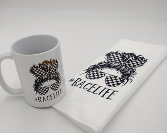 Racing Coffee Mug and Tea Towel, RaceLife Gift Set Coffee Cup 15 oz Coffee Cup NASCAR
