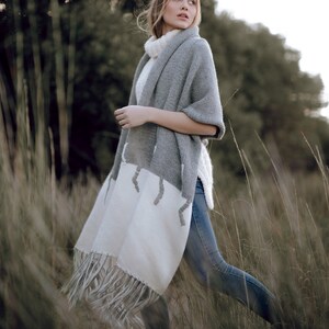 Extra long scarf, alpaca and wool blanket scarf, oversized scarf with fringes, merino ruana wrap image 2