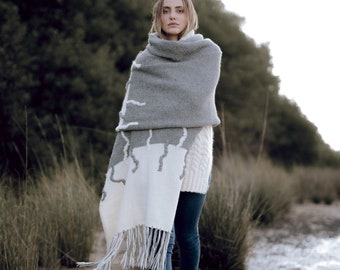 Extra long scarf, alpaca and wool blanket scarf, oversized scarf with fringes, merino ruana wrap