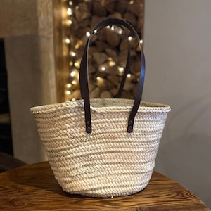 Handwoven &#39;Salamanca&#39; Luxury Basket Bag, Raffia Palm Summer Tote with Leather Handles and Basket Bag Organiser