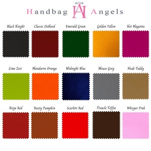 May include: A color chart with 15 fabric swatches, each labeled with a color name. The colors include black, red, green, yellow, magenta, lime, orange, blue, gray, brown, and pink.