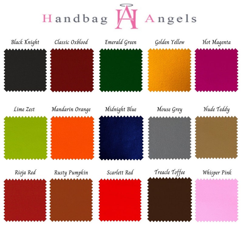 May include: A color chart with 15 fabric swatches, each labeled with a color name. The colors include black, red, green, yellow, magenta, lime, orange, blue, gray, brown, and pink.