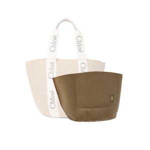 May include: A white woven tote bag with white fabric handles that say "Chloé" on them. The tote bag has a brown felt liner with a small pocket and a gold logo.