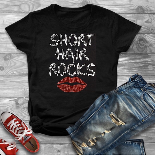 Short Hair Rocks t-shirt, short hair t-shirt, stylist shirt, pretty, sassy, fashion, rhinestone short hair tee, Birthday gift