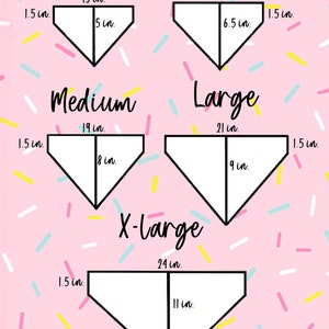 May include: A chart showing different sizes of bandanas for dogs, with measurements in inches. The chart includes the neck size with the elastic and stretched bandana sizes in the description.