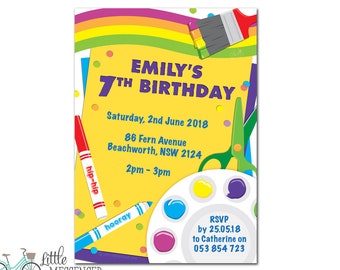 May include: A colorful birthday invitation for Emily's 7th birthday party. The invitation features a rainbow, paintbrushes, scissors, crayons, and a paint palette. The text on the invitation reads "Emily's 7th Birthday", "Saturday, 2nd June 2018", "86 Fern Avenue", "Beachworth, NSW 2124", "2pm - 3pm", "RSVP by 25.05.18 to Catherine on 053 854 723".