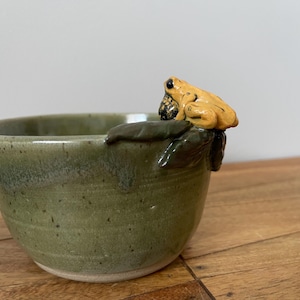 Może przedstawiać: Ręcznie robiona ceramiczna miska w stonowanym zielonym odcieniu, z rzeźbioną żabą na krawędzi. Żaba jest pomalowana w odcieniach żółci i brązu, dodając fantazyjnego akcentu do ceramiki. Idealna do serwowania lub ekspozycji.