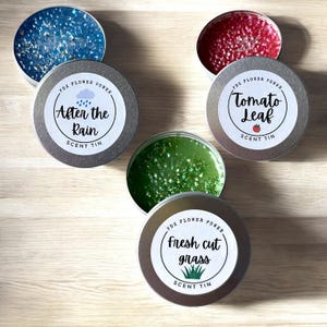 May include: Four round metal tins with lids, each containing a different scented wax melt. The wax melts are blue, red, green, and a light green color. The lids have white labels with the text "PDX Flower Power" and the scent name. The scents are "After the Rain", "Tomato Leaf", "Fresh Cut Grass", and "Fresh Cut Grass".