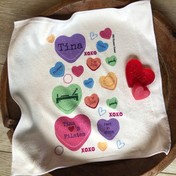 Personalized Pilates conversation heart towel and soap set, pilates instructor gift, Pilates valentines gifts, Pilates love gift