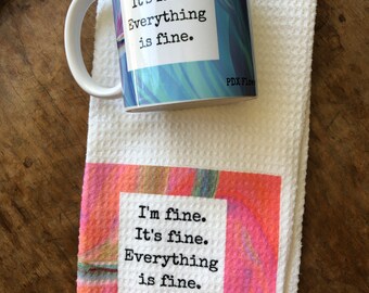 I'm Fine towel and mug gift set.  Funny towel and mug gift, fun and functional gifts