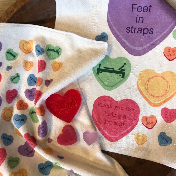 Pilates feet in straps, reformer conversation heart towel and soap set, pilates instructor gift, Pilates valentines gifts, Pilates love gift