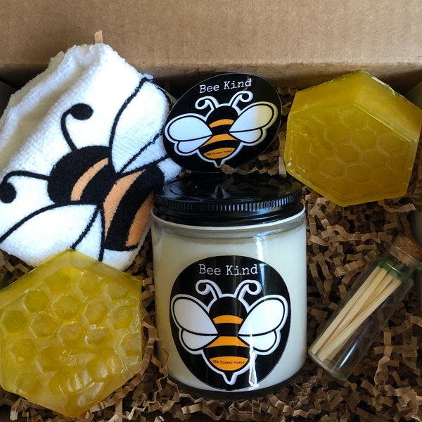 PDX Flower Power "Bee Kind Gift set", bee themed gift set, Bee kind Candle, Bee kind Soaps, Bee sticker. Bee kind wash cloth, cute matches