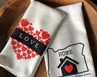 PDX Flower Power "Love & Oregon Home" Towel set, valentine towel set, gifts for Oregonians, Oregon love, heart towels, gifts for her