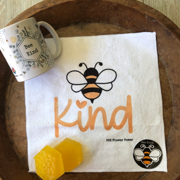 PDX Flower Power "Bee Kind Gift set", bee themed gift set, Bee kind mug, Bee kind Soaps, Bee sticker. Bee kind wash cloth, cute matches