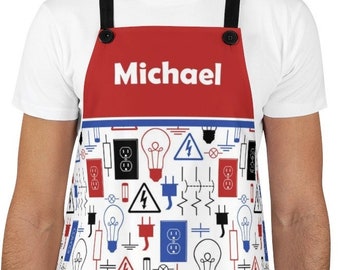 Personalized Electrician Apron, red blue electrical pattern, gift for electrician - one size with black twill straps - Made to Order
