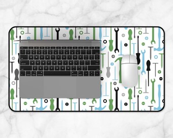 Tools Pattern Desk Mat, green blue black, handyman contractor, workstation desk topper, mousepad, Small Medium or Large - Made to Order