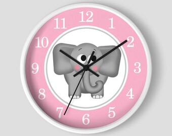 Elephant Nursery Wall Clock - Pink Gray Elephant with White Wood Frame - 10-inch Round Clock - Made to Order