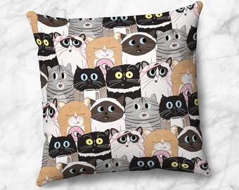 Cute Cats Throw Pillow, cat stack pattern, cat lovers gift - 4 Size Options - Cover Only or Full Pillow - Made to Order