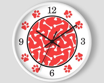 Dog Bone Paw Print Wall Clock, Red - White Wood Frame - 10-inch Round Clock - Made to Order
