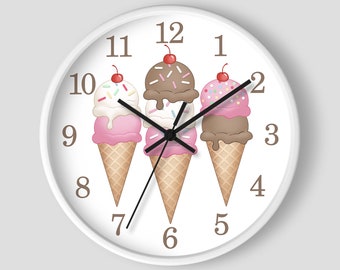 Ice Cream Cones Wall Clock, chocolate vanilla strawberry cherries confectioner, White Wood Frame, 10-inch Round Clock, Made to Order