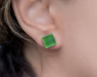 Green stud earrings, green earrings, everyday earrings studs, simple earrings, square stud earrings, small stud earrings