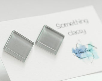 Grey stud earrings, Modern Large  stud earrings, Delicate glass stud earrings, Gray glass earrings for women sterling silver