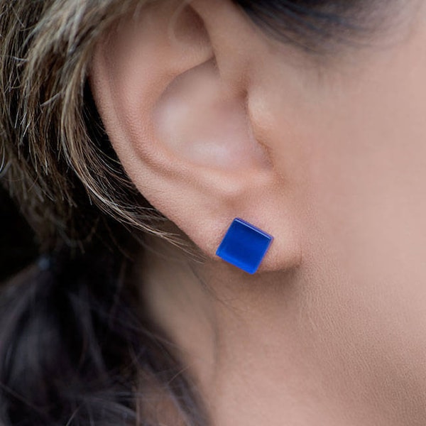 Blue stud earrings, Royal blue earrings studs, Minimalistic stud earrings, Modern earrings for her, Something blue, Gift for roommate