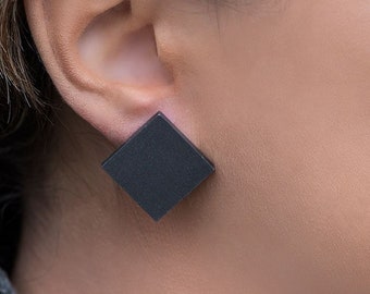 Black earrings, Black matte earrings, Stud earrings for her, black stud earrings, ceramic earrings, geometric earrings, sterling silver stud