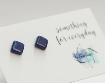 Blue small glass stud earrings, Dark blue  geometric stud earrings sterling silver, Simple modern colorful studs