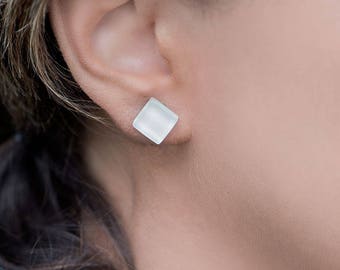 White small glass stud earrings, modern and simple geometric studs