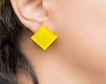 Yellow Stud Earrings, Modern square stud, Glass yellow Stud Earrings, Minimal Earrings, Geometric earrings, Yellow studs, Large Yellow Posts