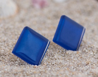 Pendientes azules Studs, Pendientes cuadrados de vidrio azul, Pendientes minimalistas plata de ley, Regalo para mujer, Algo azul, Pendientes modernos