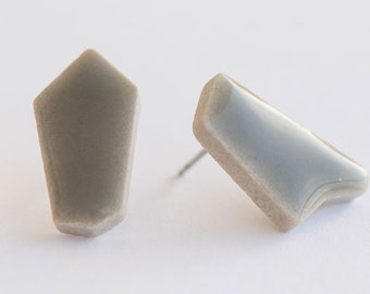 Gray freeform asymmetrical ceramic stud earrings, Unique irregular uneven pottery stud earrings, Grey unusual stud earrings sterling silver