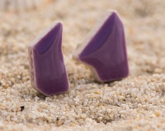 Purple stud earrings, Statement ceramic asymmetrical stud earrings, Unique funky jewelry gift for artists, Petro purple modern stud earrings