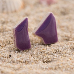 Purple stud earrings, Statement ceramic asymmetrical stud earrings, Unique funky jewelry gift for artists, Petro purple modern stud earrings