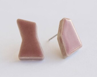 Retro pink asymmetrical ceramic stud earrings mismatched clay stud earrings
