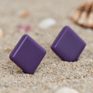Purple stud earrings, square glass earrings for everyday, modern minimalist earrings