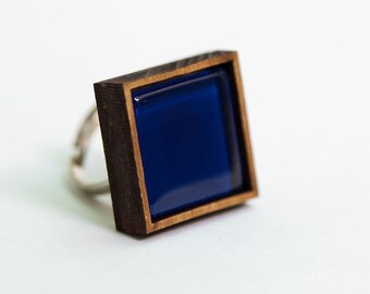 Big statement silver ring, Wooden glass statement ring, Square blue ring, Colorful glass ring, Wood sterling silver ring, Contemporary ring