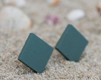 Green earrings, Matte green stud earrings, Square green studs, Emerald green earrings, Ceramic earrings, Big earrings