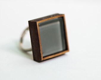 Modern geometric wood ring, Gray glass sterling silver ring, Adjustable ring gift for her, Gift for architect, Gray colorful unique ring