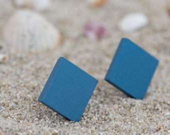 Light blue stud earrings, Blue matte stud earrings, Blue ceramic earrings square, Geometric stud earrings for her, Sterling silver studs