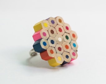 Unique gift cool fun wood ring for women, Sterling silver statement rainbow ring, Big contemporary ring for her, Colorful wood ring