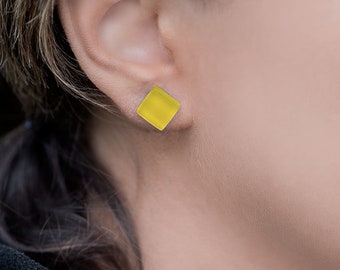 Yellow geometric small stud earrings, Modern glass  hypoallergenic earrings,, gift for her, simple cute colorful earrings